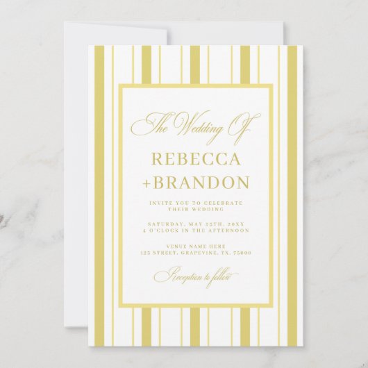 Yellow Stripes Elegant QR Code RSVP Summer Wedding 招待状 (正面)