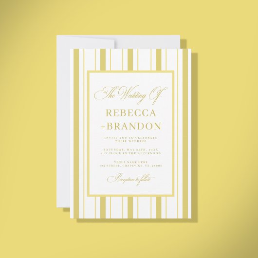 Yellow Stripes Elegant QR Code RSVP Summer Wedding 招待状