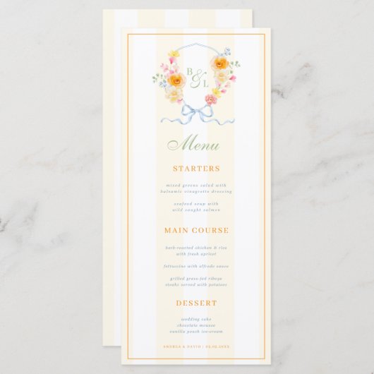 Yellow Stripes & Floral Crest Spring Wedding Menu メニュー (正面/裏面)