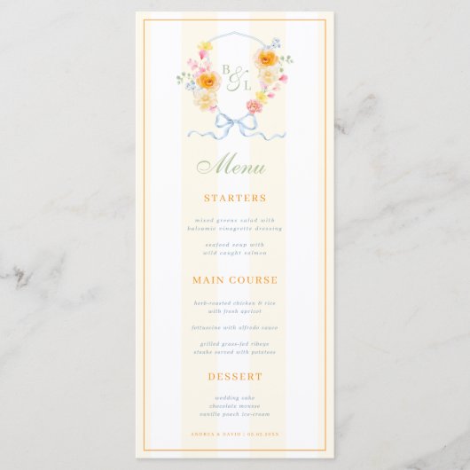 Yellow Stripes & Floral Crest Spring Wedding Menu メニュー (正面)