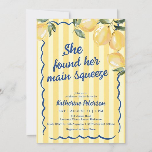 Yellow Stripes Lemon Bridal Shower Invitation 招待状 (正面)