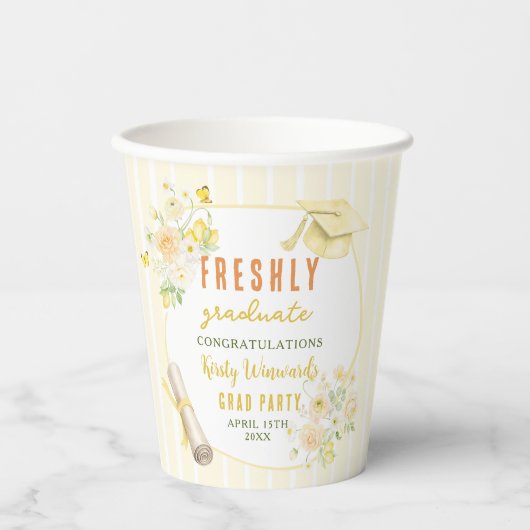 Yellow Stripes Lemons and Flowers Grad Paper Cups 紙コップ (正面)