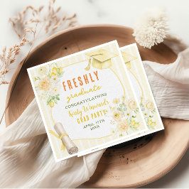 Yellow Stripes Lemons and Flowers Graduation スタンダードカクテルナプキン