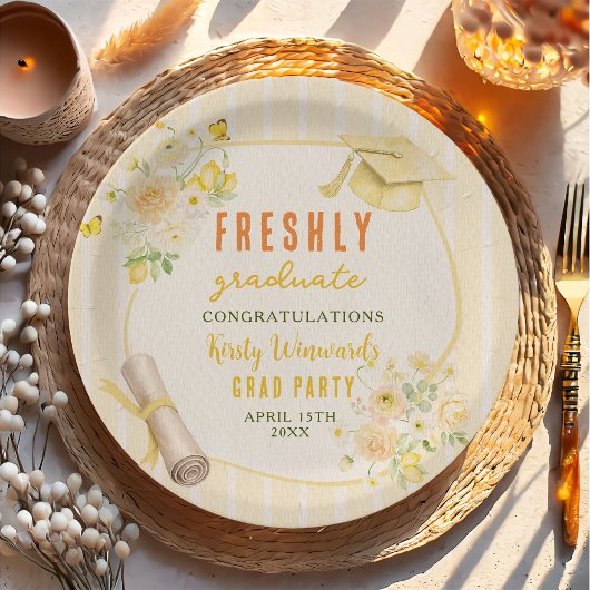 Yellow Stripes Lemons and Flowers Graduation ペーパープレート
