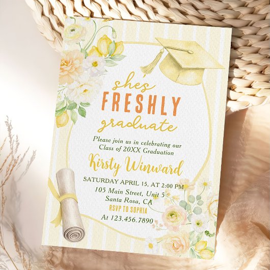 Yellow Stripes Lemons and Flowers Graduation 招待状