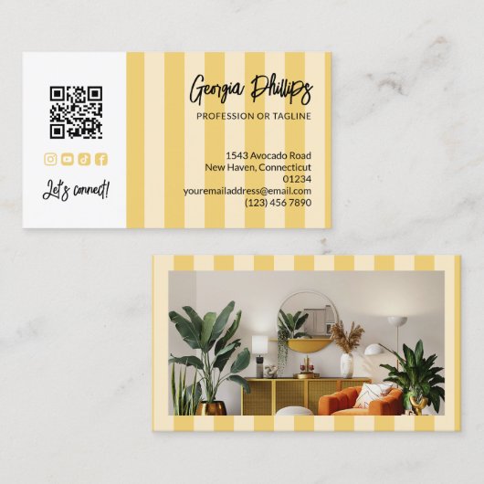 Yellow Stripes QR Code Photo Social Media Icons 名刺 (正面/裏面)