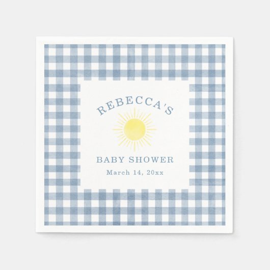 Yellow Sun Blue Gingham Boy Baby Shower スタンダードカクテルナプキン (正面)