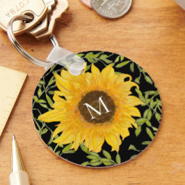 Yellow Sunflowers Floral custom monogram black キーホルダー