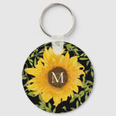 Yellow Sunflowers Floral custom monogram black キーホルダー (正面)