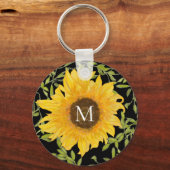 Yellow Sunflowers Floral custom monogram black キーホルダー (正面)