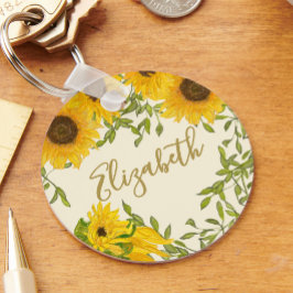 Yellow Sunflowers Floral custom name beige キーホルダー