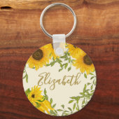 Yellow Sunflowers Floral custom name beige キーホルダー (正面)