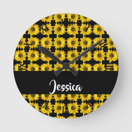 Yellow sunflowers on black ラウンド壁時計
