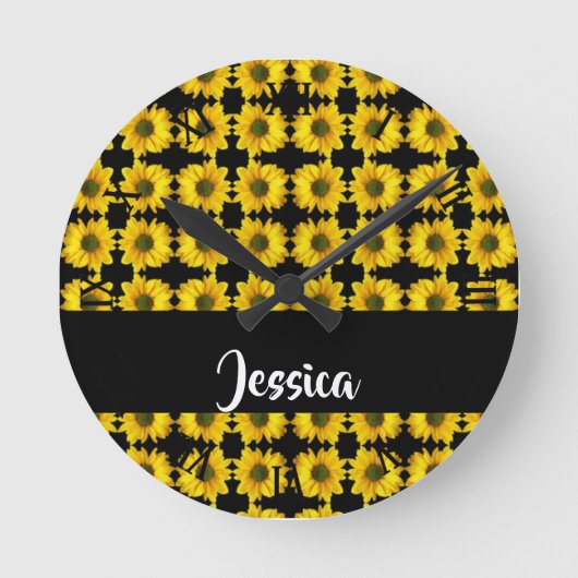 Yellow sunflowers on black ラウンド壁時計 (正面)
