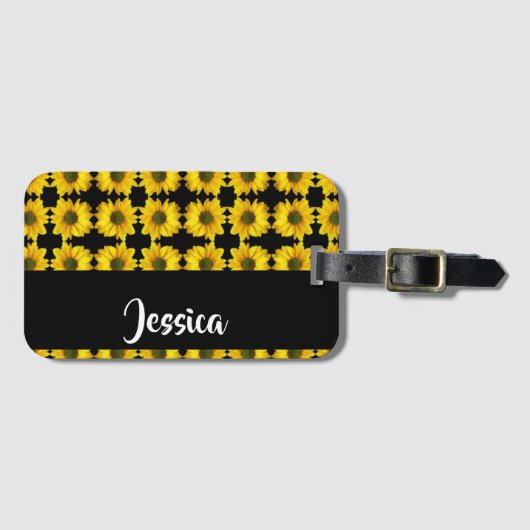 Yellow sunflowers on black ラゲッジタグ (正面横)