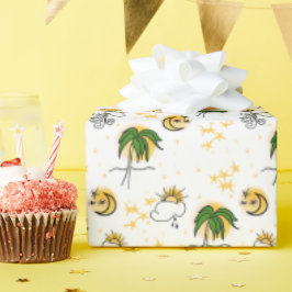 Yellow Suns Stars Moon Green Palm Scrapbook Paper ラッピングペーパー