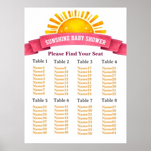 Yellow Sunshine Seating Chart For Baby Girl Shower ポスター (正面)
