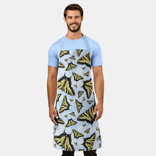 Yellow Swallowtail Butterflies Blue Sky Pattern エプロン (着用した状態)