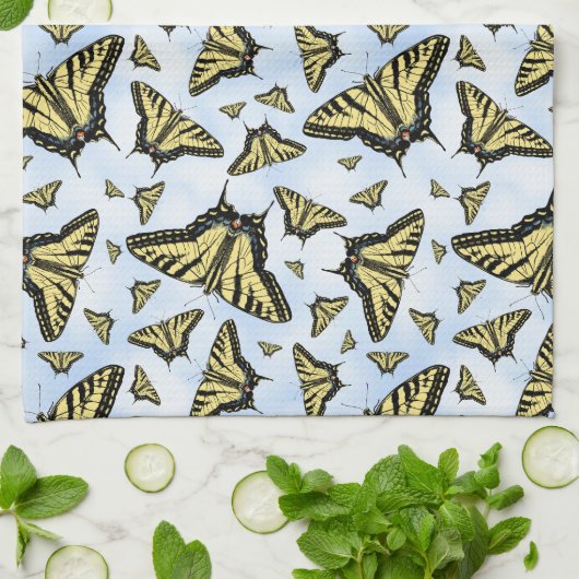 Yellow Swallowtail Butterflies on Blue Sky Pattern キッチンタオル (折り畳み)