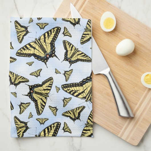 Yellow Swallowtail Butterflies on Blue Sky Pattern キッチンタオル (四つ折り)