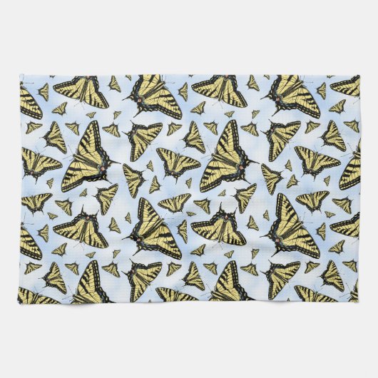 Yellow Swallowtail Butterflies on Blue Sky Pattern キッチンタオル (横)