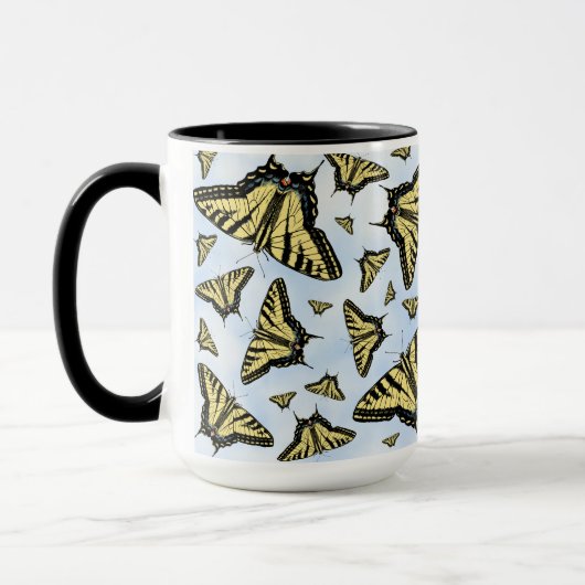 Yellow Swallowtail Butterflies on Blue Sky Pattern マグカップ (左)