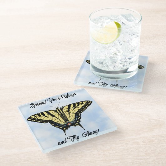 Yellow Swallowtail Butterfly Blue Sky Personalized ガラスコースター (アングル)