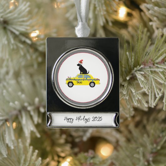 Yellow Taxi Cab Black Lab Happy Holidays Year City シルバープレートバナーオーナメント (ツリー)