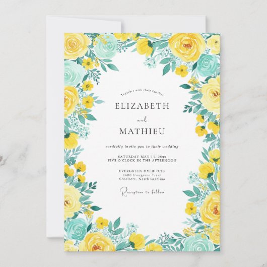 Yellow Teal Bright Spring Wedding 招待状 (正面)