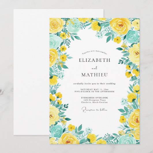 Yellow Teal Bright Spring Wedding 招待状 (正面/裏面)