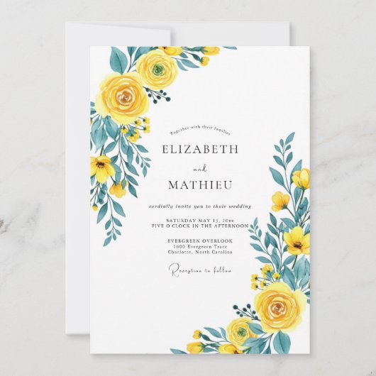 Yellow Teal Flourishing Spring Wedding 招待状 (正面)