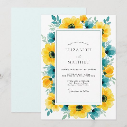 Yellow Teal Pristine Summer Wedding 招待状 (正面/裏面)