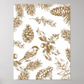 Yellow Toile Christmas Bird and Pine Poster ポスター (正面)