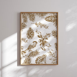 Yellow Toile Christmas Bird and Pine Poster ポスター