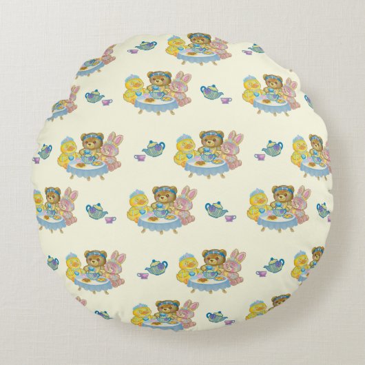 Yellow Toy Tea Party Throw Pillow ラウンドクッション (正面)