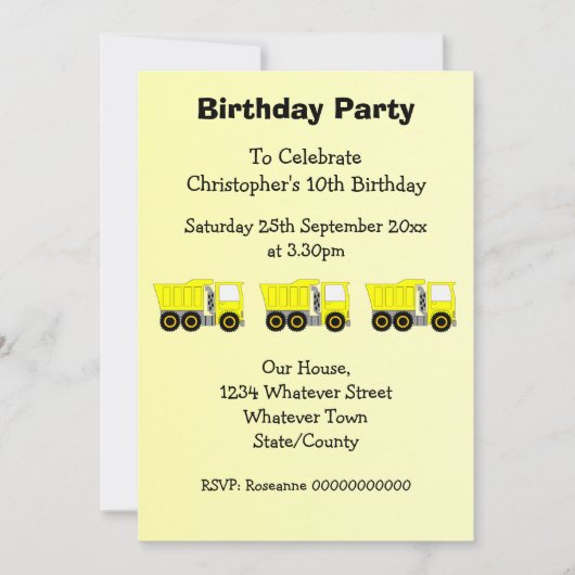 Yellow Truck Design Boy's Birthday Party 招待状 (正面)