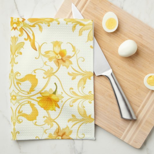 Yellow Tulip Damask Easter Kitchen Towel キッチンタオル (四つ折り)