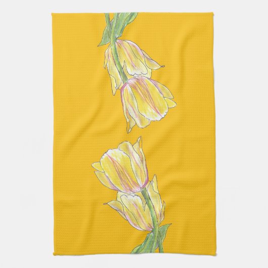 Yellow Tulips on Golden Background Kitchen Towel キッチンタオル (縦)
