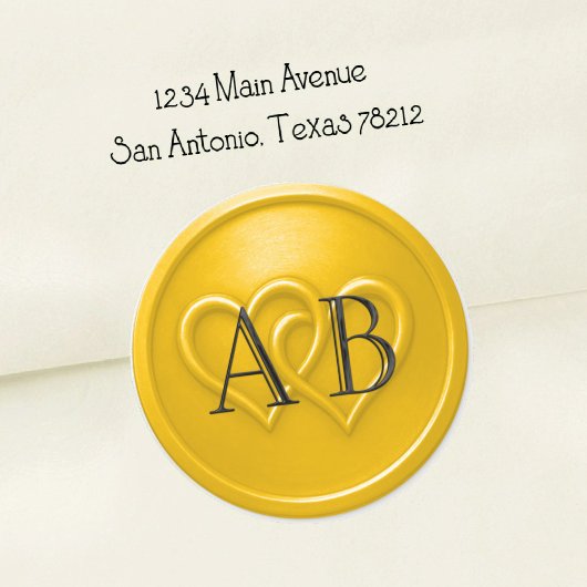 Yellow Two Hearts Intertwined Wedding Black  ラウンドシール