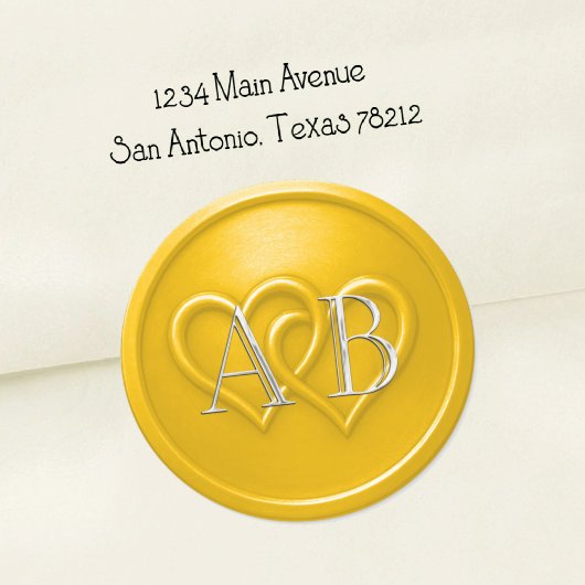 Yellow Two Hearts Silver Monogram Wedding ラウンドシール