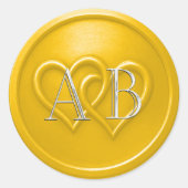 Yellow Two Hearts Silver Monogram Wedding ラウンドシール (正面)