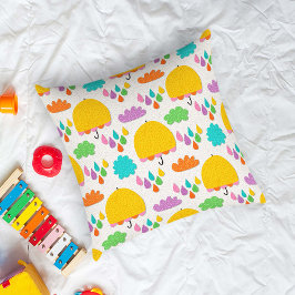 Yellow Umbrellas with Clouds and Raindrops クッション