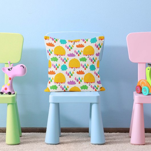 Yellow Umbrellas with Clouds and Raindrops クッション