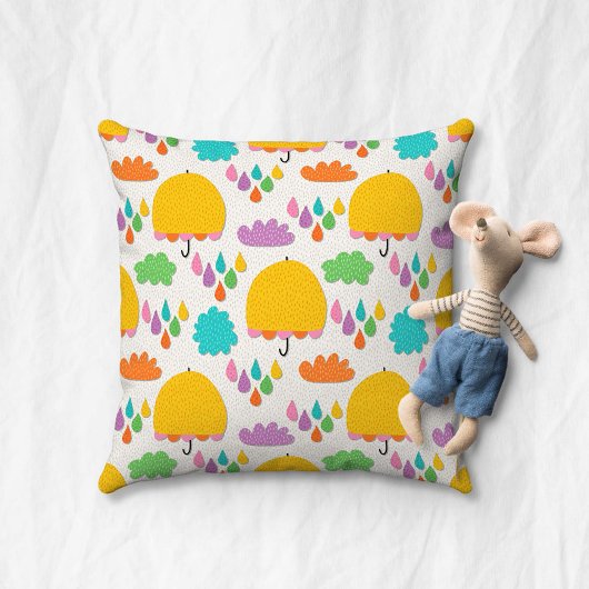 Yellow Umbrellas with Clouds and Raindrops クッション