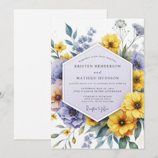 Yellow Violet Botanical Whimsy Wedding 招待状 (正面/裏面)