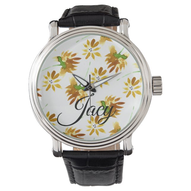 Yellow Watercolor Florals Script Name Mothers Day 腕時計 (正面)