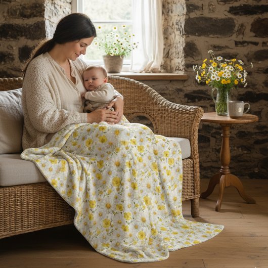 Yellow Watercolor Wildflower Pattern  フリースブランケット