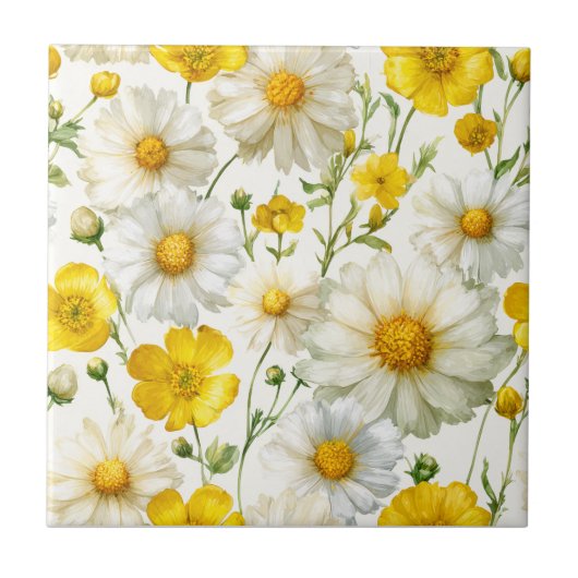 Yellow Watercolor Wildflowers Pattern  タイル (正面)