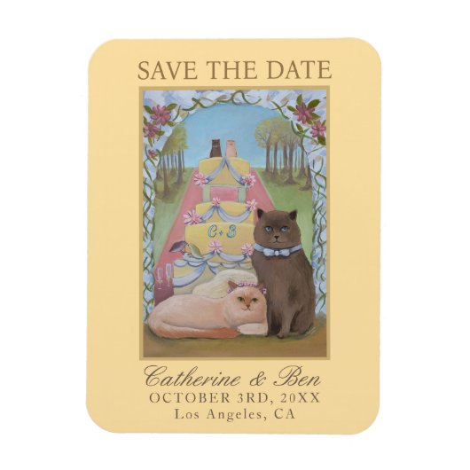 Yellow Wedding Save The Date Cat Couple マグネット (縦)