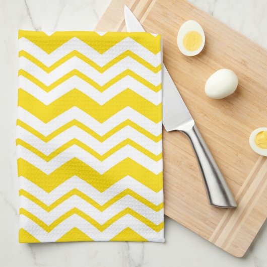 Yellow White Chevron Zigzag Pattern Design  キッチンタオル (四つ折り)
